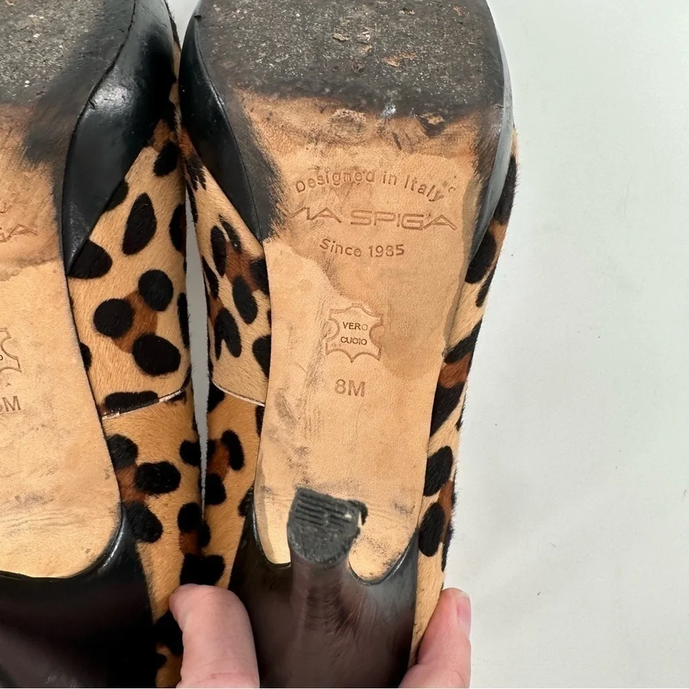 Via Spiga heels size 8 black Italian leather cheetah print calf hair platforms